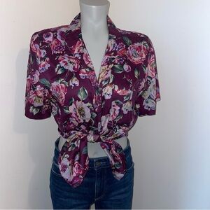 JH Collectibles button down shirt short sleeve notched collar purple floral 10